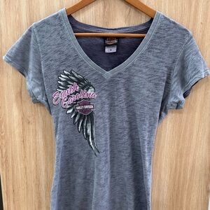 Harley-Davidson Grey V-Neck Tee with Wing Graphic and Pink Script